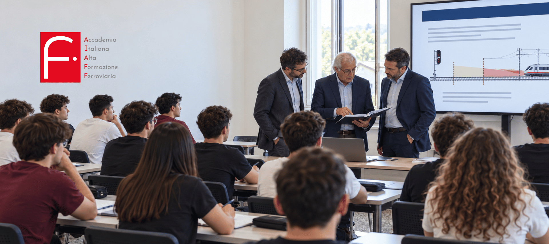 Illustrazione di un’aula di formazione ferroviaria con giovani corsisti, un docente e due ispettori durante una verifica.